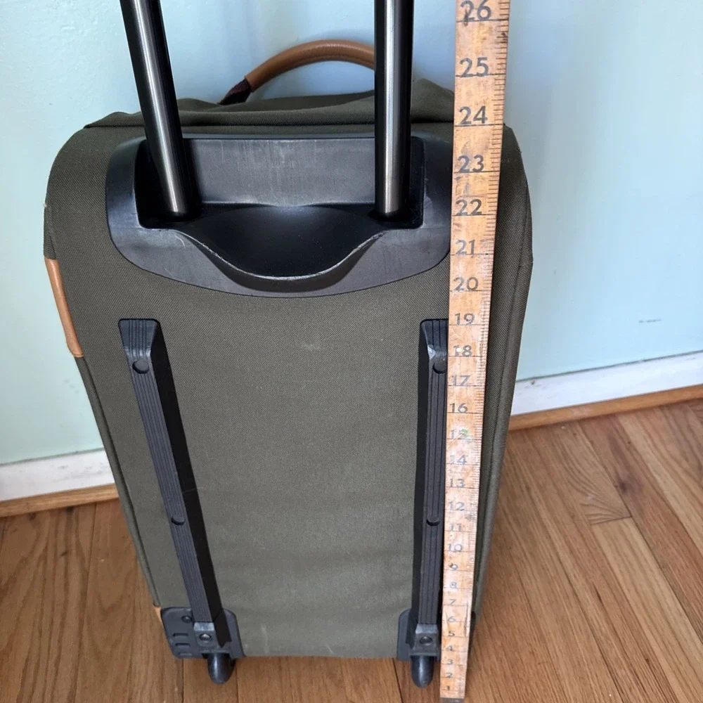 VTG LL Bean Rolling Duffel Bag Canvas Green Leather Trim‎ Embroidered Carryon